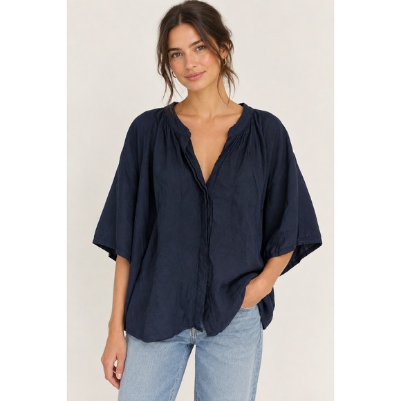 Vince Tops - Vince Navy Blue Linen-Blend Button-Front Relaxed Tunic Top Size 3X Quiet Luxury